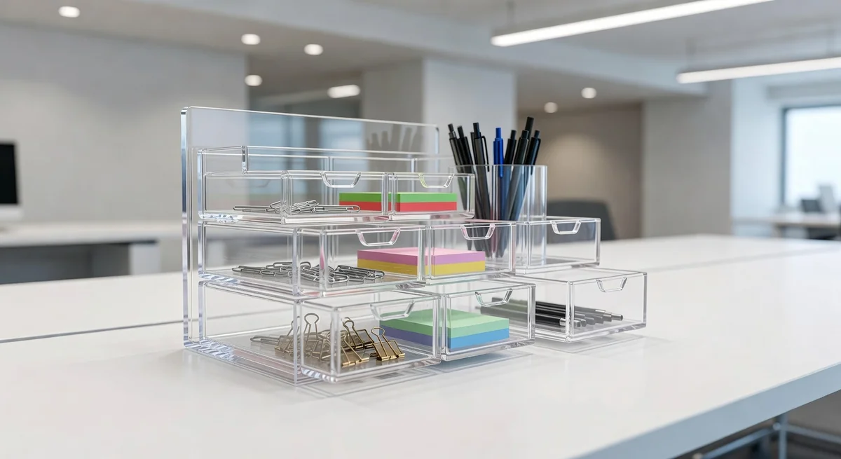 Vtopmart clear 4-tier desktop file organizer with pull-out drawers on a home office desk