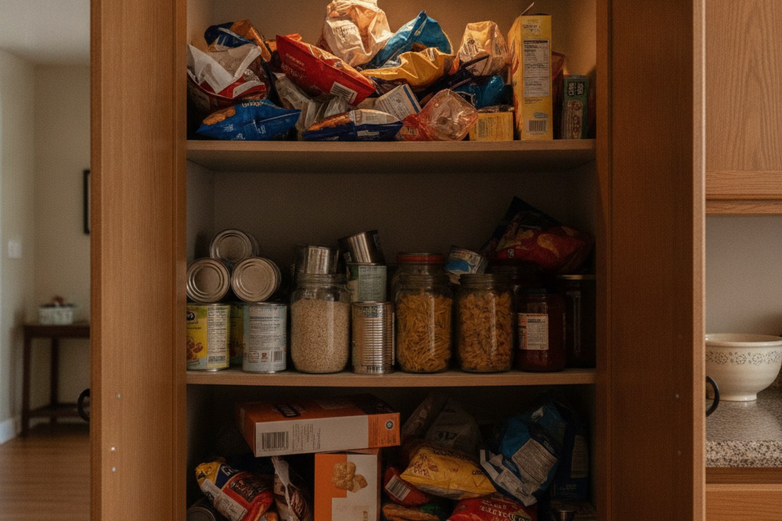 Messy kitchen pantry shelf with jumbled snacks, cans, and boxes blocking each other