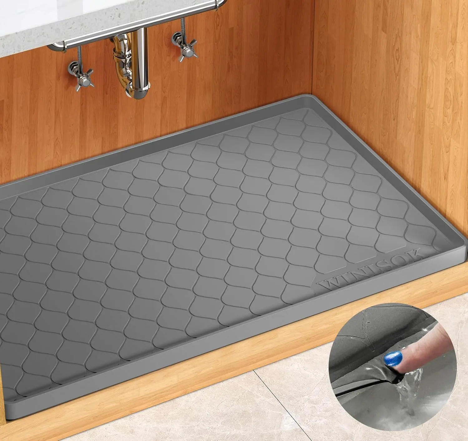 Dark gray raised-edge silicone under-sink mat for kitchen and bathroom cabinets