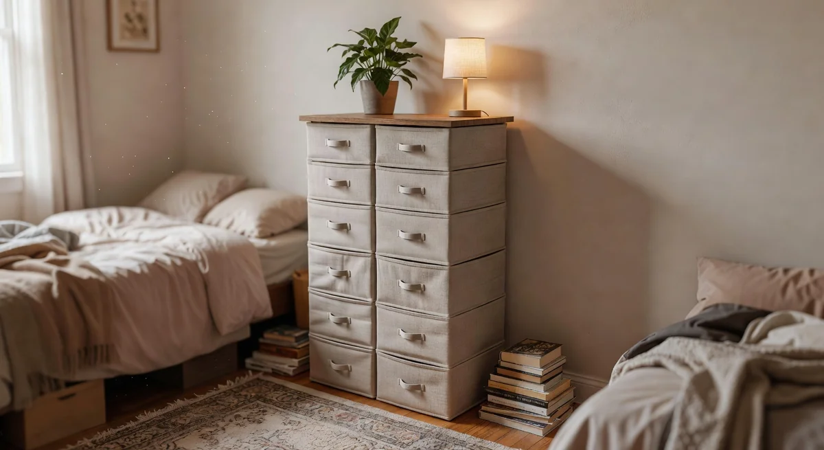 WLIVE 11-drawer fabric dresser tower against a bedroom wall with top surface holding a lamp and small plant