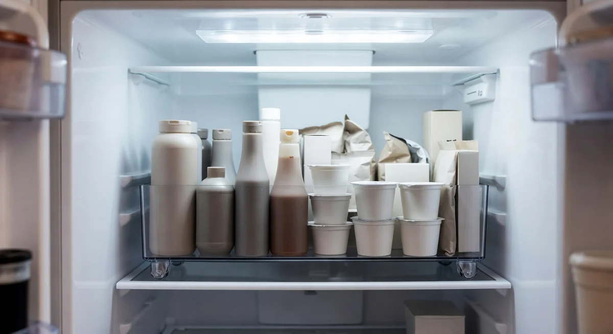 Clear rolling fridge caddy pulled out from refrigerator shelf showing organized drinks and condiments