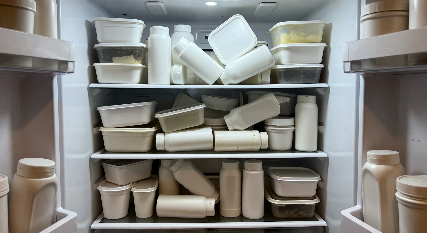 Overstuffed refrigerator back shelf with forgotten food containers and mystery leftovers